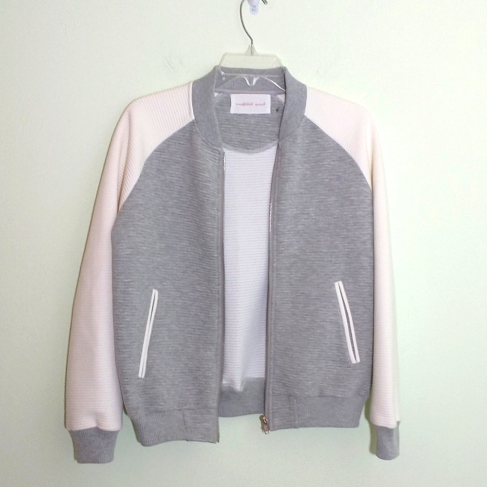 Mustard seed, two toned Gray and white zip front Varsity jacket.Sm